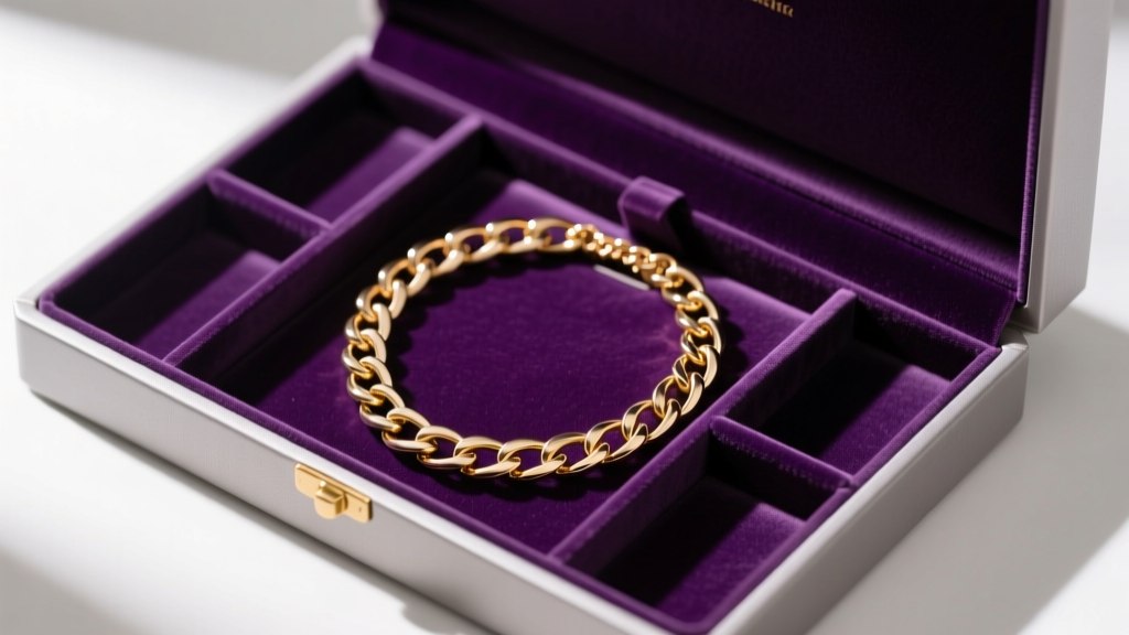 A purple gold chain necklace carefully coiled inside a hard-shell, velvet-lined jewelry box with separate compartments.