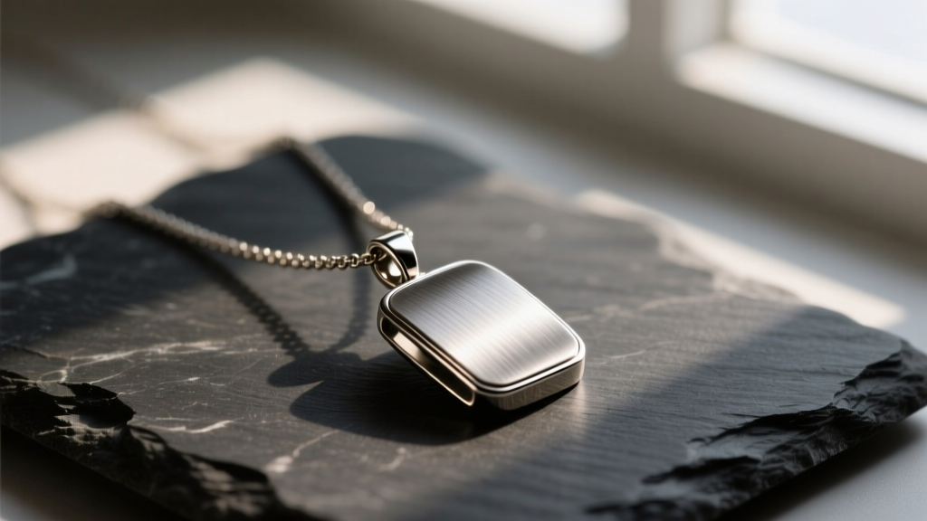 Macro shot of an ASTM F136 implant-grade titanium pendant necklace with a brushed finish, displayed on a dark slate stone surface.