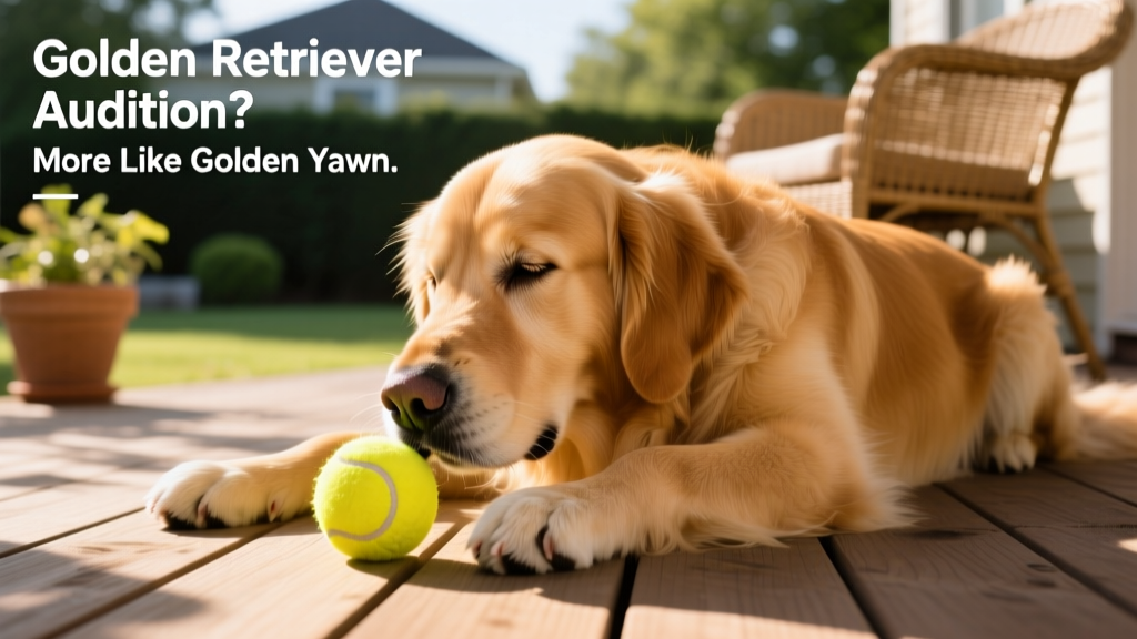 Close-up of Wally gently nudging a tennis ball with his paw while lying down, looking utterly unimpressed