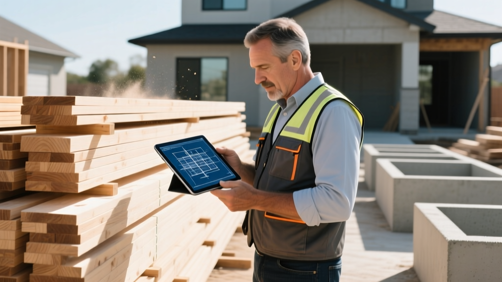 Site superintendent reviewing digital blueprints on a tablet next to stacked dimensional lumber and concrete forms on a residential build
