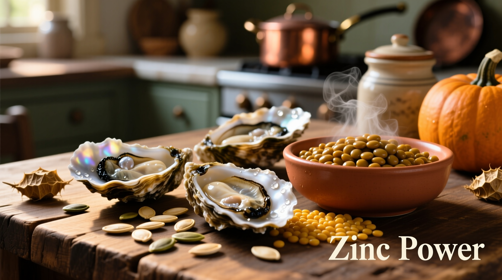 Colorful array of zinc-rich foods including oysters, pumpkin seeds, and lentils