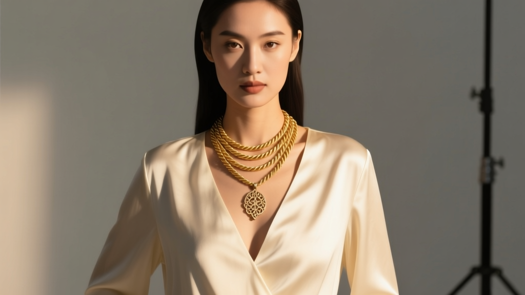 Woman in silk V-neck blouse wearing layered gold rope chains, with a pendant resting precisely at the V apex under warm lighting.