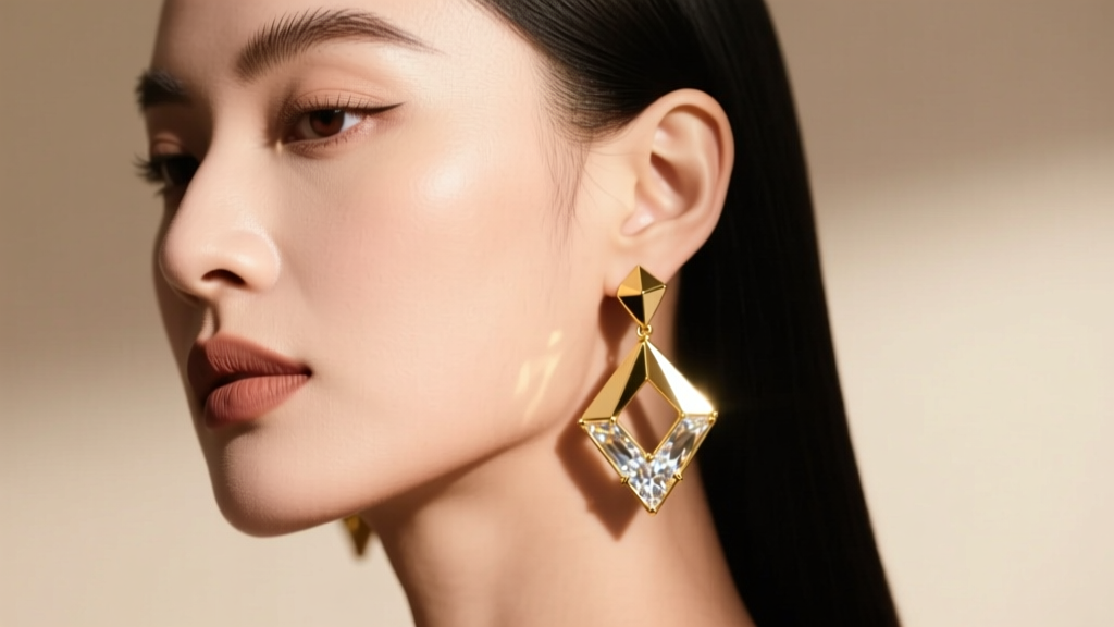 Woman wearing 18k gold geometric dangle earrings, studio lighting, sharp focus on ear and jawline against a soft neutral background