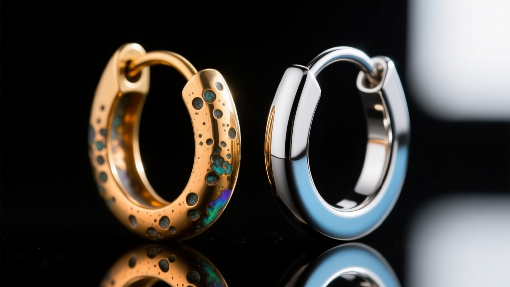 Macro shot comparing a tarnished brass earring hook with a polished titanium hook, highlighting surface pitting and bright shine