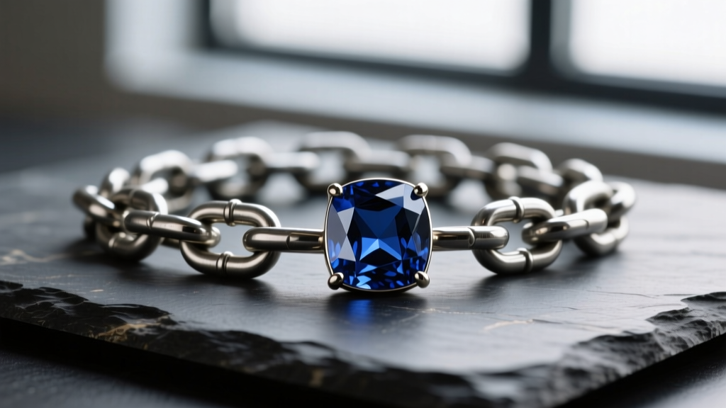 Close-up of a masculine steel Cuban chain holding a dark blue bezel-set sapphire pendant resting on a dark slate surface