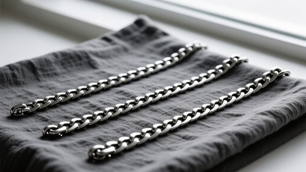 Flat lay of three gunmetal PVD-coated titanium chains in 14, 18, and 24-inch lengths arranged on textured charcoal linen fabric.
