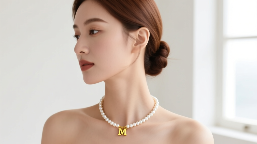Elegant woman wearing a delicate 18-inch freshwater pearl necklace featuring a small 14k yellow gold letter M initial pendant.
