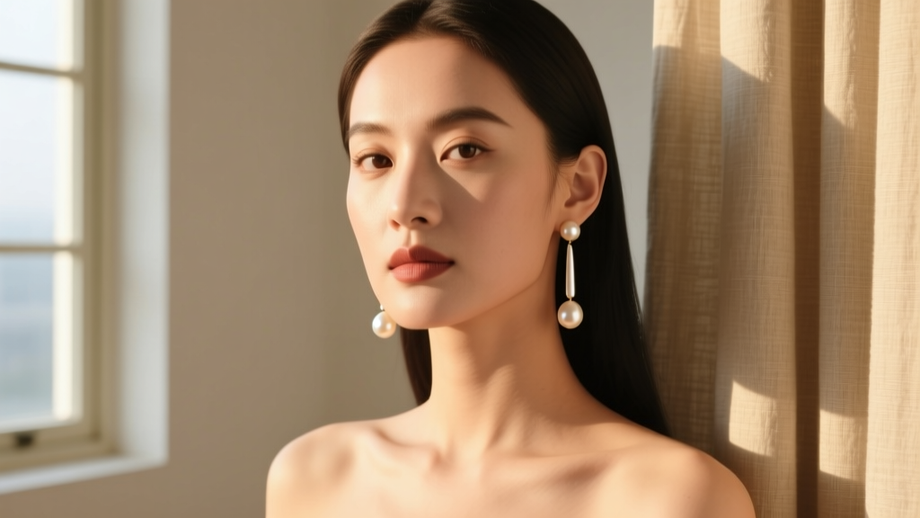 Portrait of a woman with a square jawline wearing long, narrow teardrop pearl earrings to elongate her face, natural daylight.