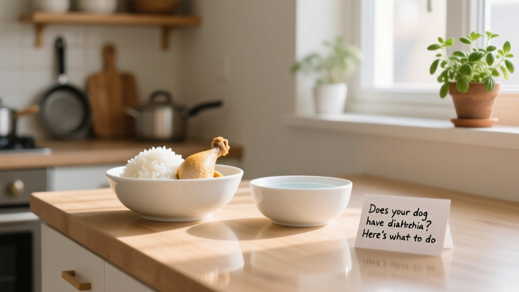 Bowl of plain boiled chicken and white rice beside a clean water bowl, placed on a kitchen counter with soft natural lighting