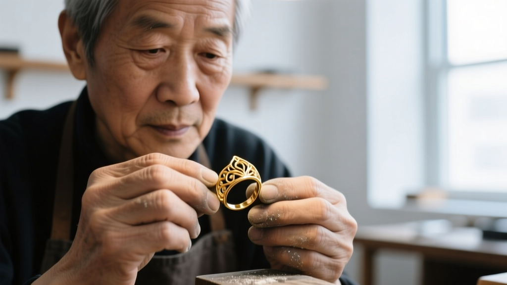 Close-up of a jeweler's loupe examining the hallmark stamp on the inner shank of an 18k gold Art Deco filigree engagement ring.