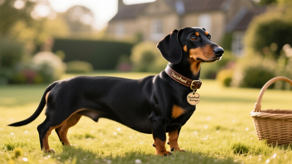 A sleek black and tan Dachshund standing confidently on grass, showcasing its distinctive coat pattern and long, muscular body