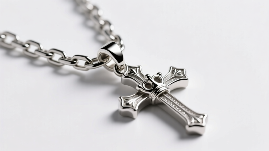 Thick 10mm stainless steel Franco chain threaded through a large polished sterling silver crown cross pendant bail in studio light
