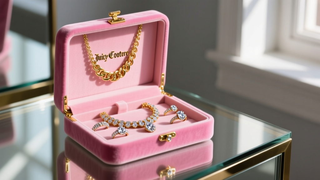 Open pink velvet Juicy Couture jewelry box on a glass vanity displaying gold charm necklaces and rhinestone rings in sunlight.