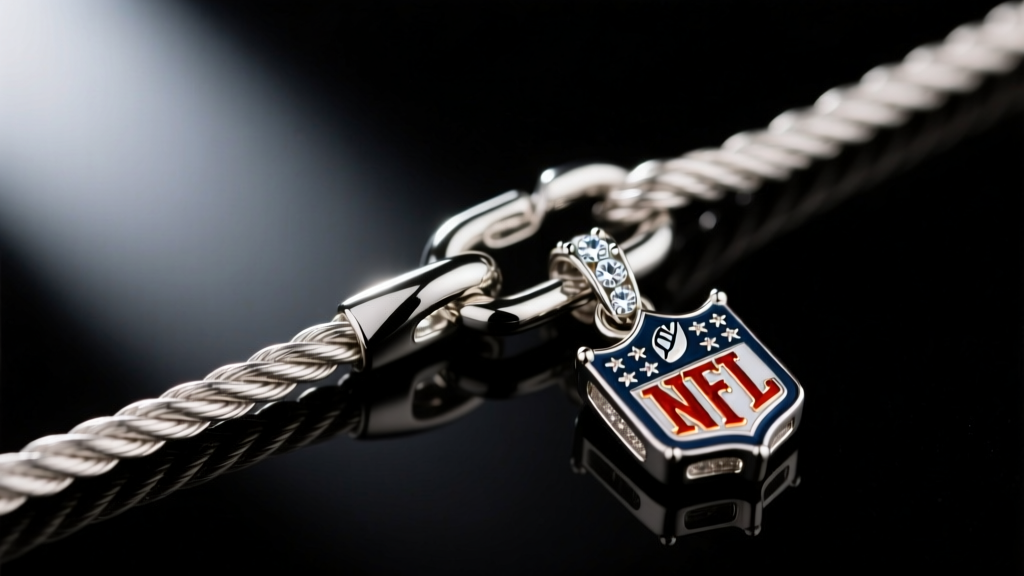Close-up of a 1.5mm stainless steel rope chain and lobster clasp attached to a diamond NFL logo pendant on a dark background.