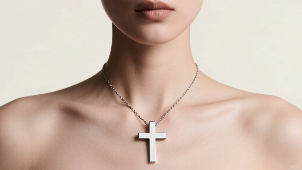 Minimalist, matte-brushed Grade 5 titanium tau cross necklace worn on a model, showcasing the lightweight hypoallergenic metal.