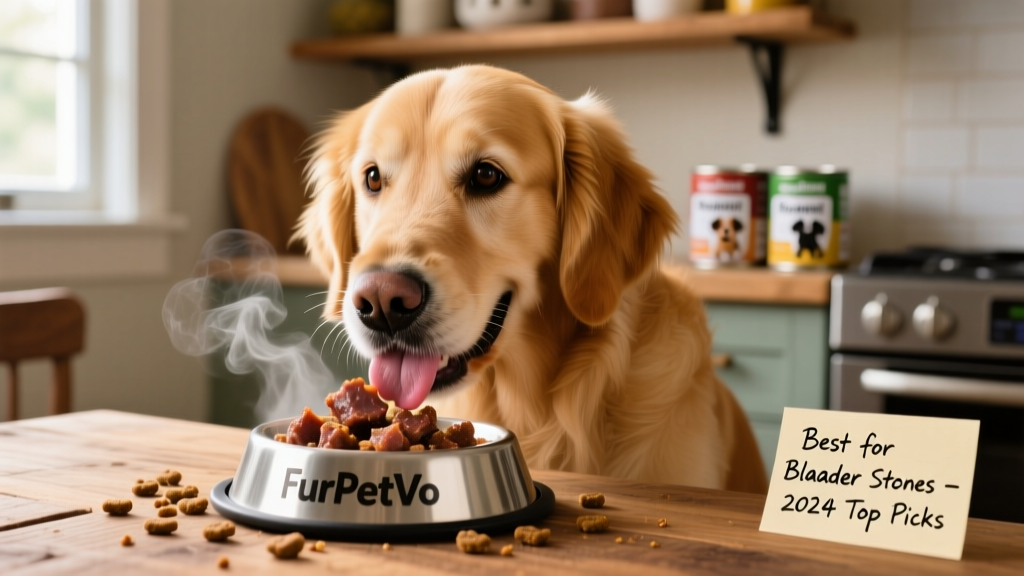 Close-up of a dog happily eating moist, meaty chunks from a FurPetVo wet food bowl