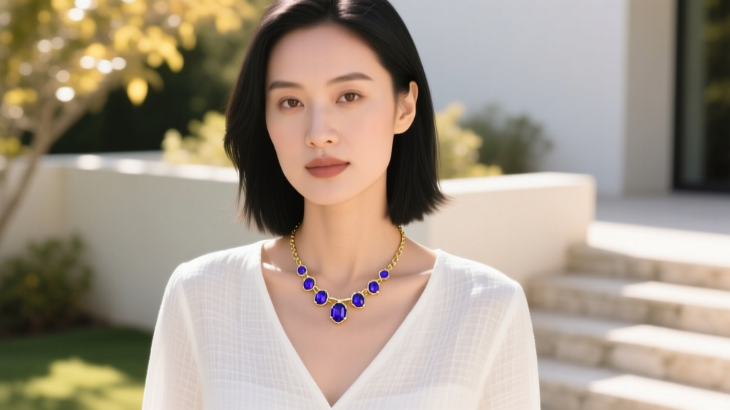 Woman wearing a white gold tanzanite station necklace layered over a crisp linen blouse in bright, natural sunlight.