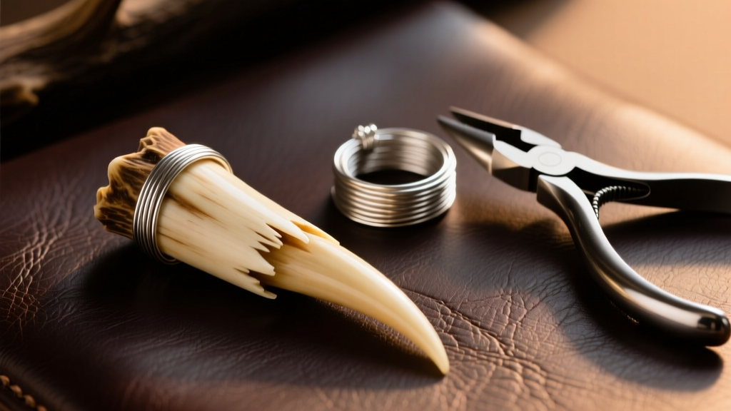 Polished elk ivory canine on dark leather next to 20-gauge sterling silver wire and jewelry pliers under warm studio lighting.