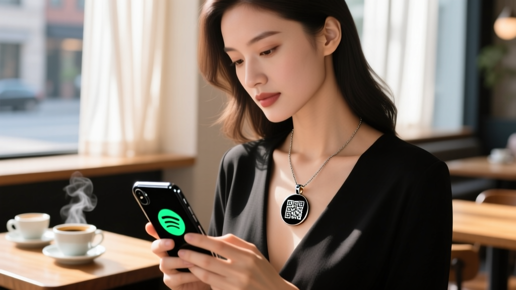 Woman scanning a black enamel Spotify code necklace pendant with a glowing phone screen against a softly blurred cafe background