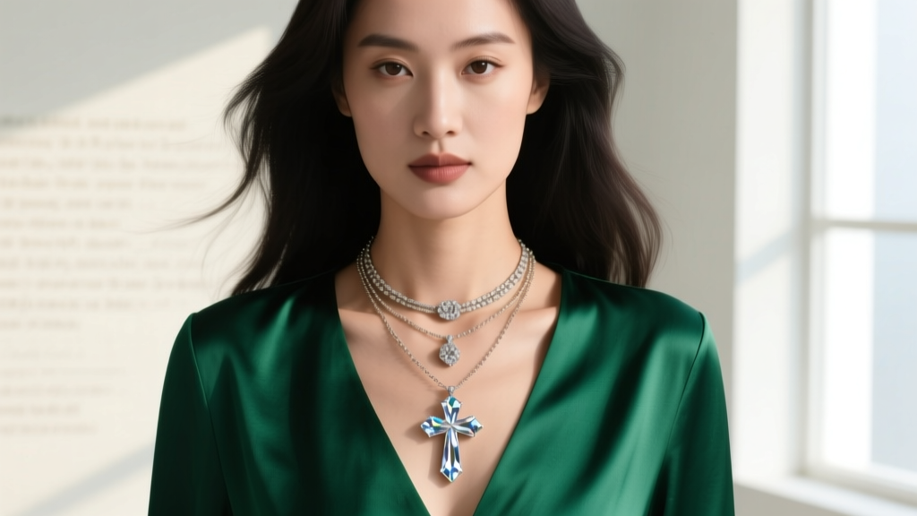 Editorial shot of a woman wearing a layered necklace stack with a large crystal cross pendant over a deep V-neck silk blouse.