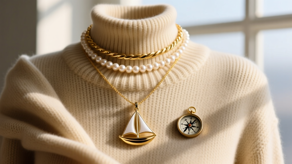 Layered gold necklaces featuring a sailboat pendant, pearl choker, and compass coin resting on a textured beige cashmere sweater.