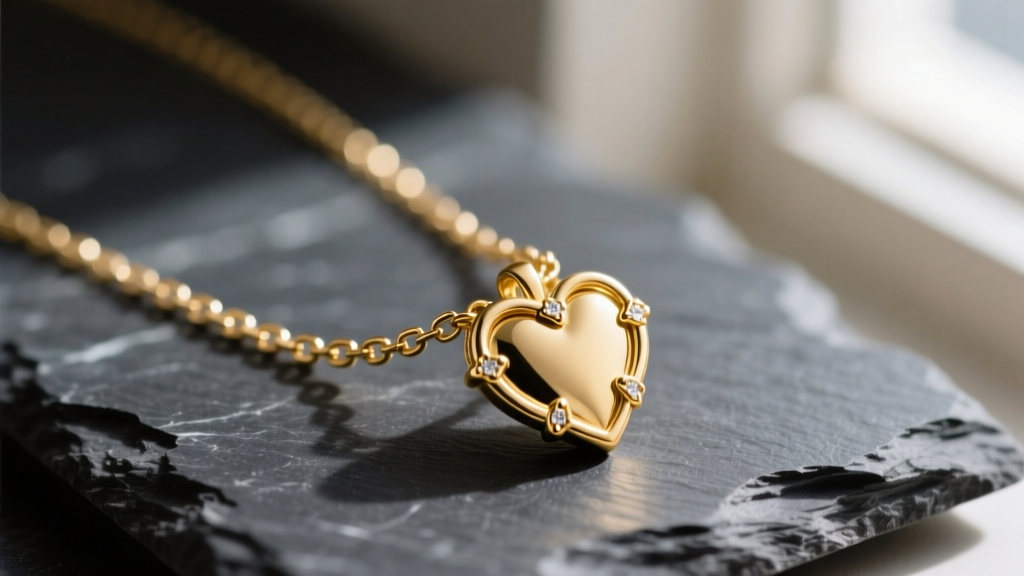 Close-up of gold-plated Kendra Scott Elisa heart pendant necklace on dark slate, highlighting intricate prong settings and chain.
