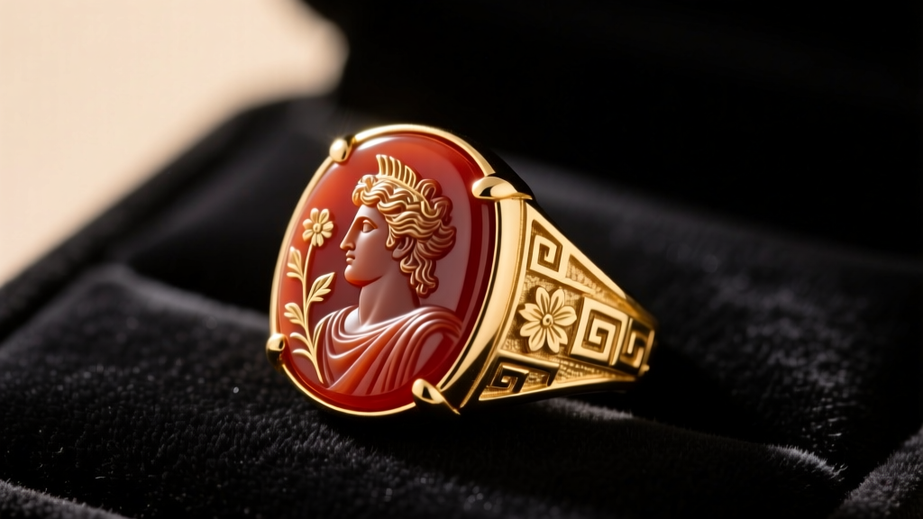 Macro photo of a Hellenistic carnelian intaglio ring set in high-karat gold, resting on dark velvet under warm directional light.
