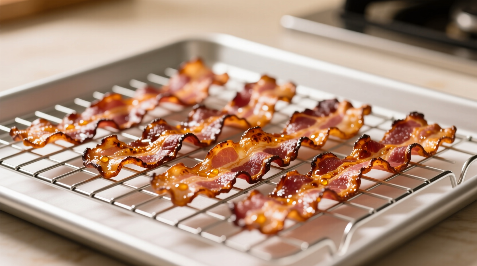 Crispy bacon strips on wire rack over baking sheet