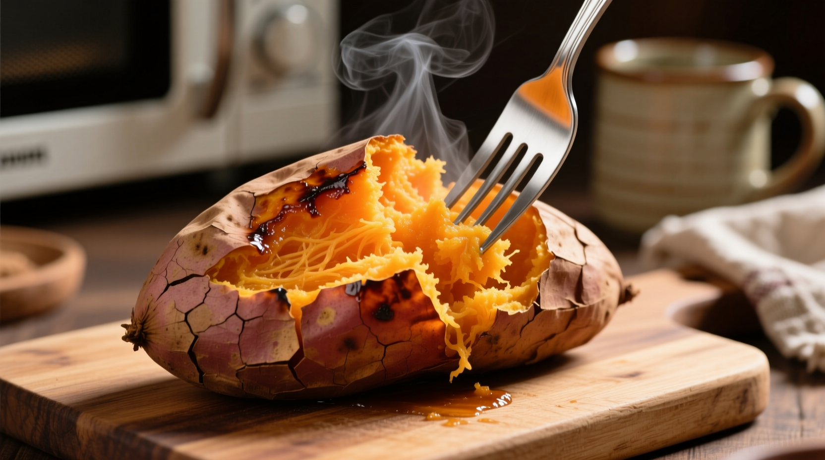 Microwave-cooked sweet potato with fork showing fluffy interior