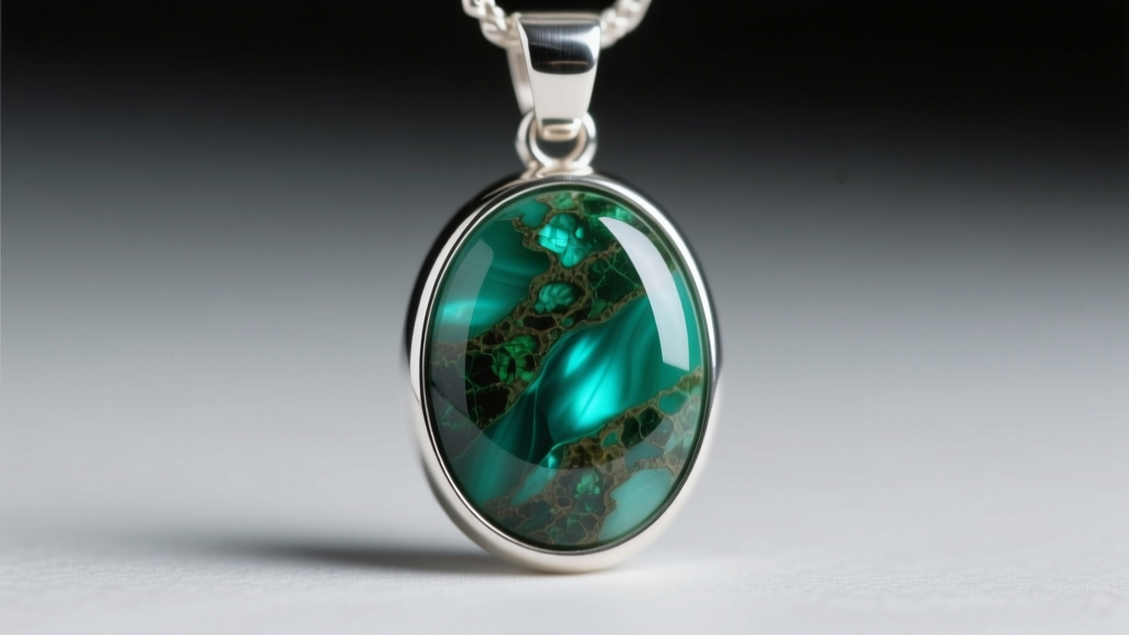 Macro shot of Michigan greenstone cabochon in a sterling silver bezel pendant, revealing the stone