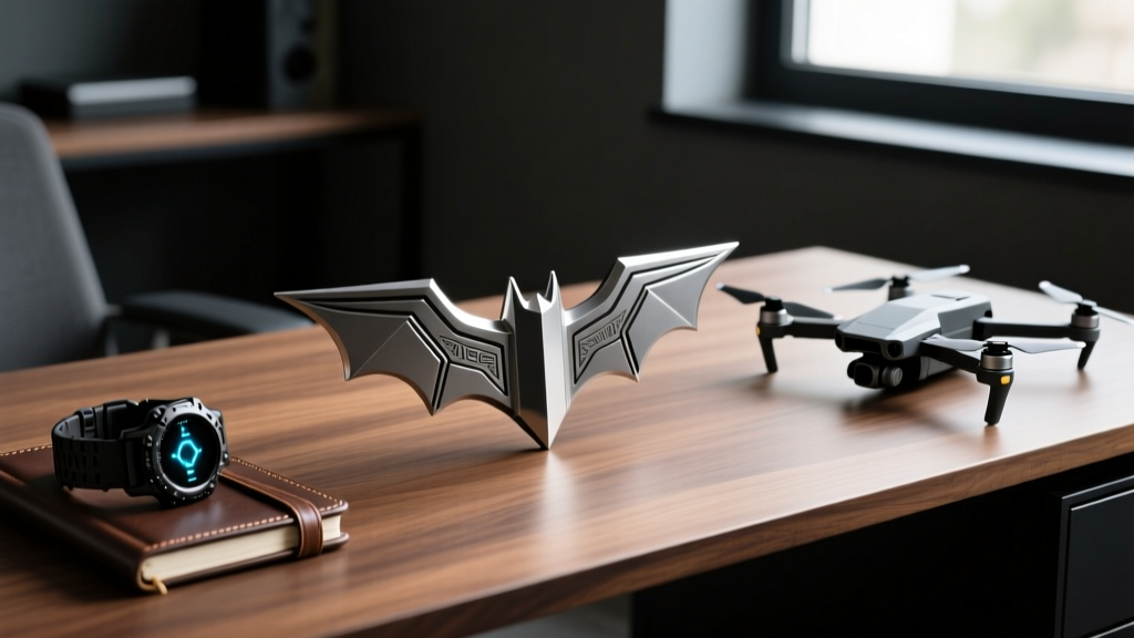 A dimly lit, modern masculine desk displaying a die-cast metal batarang replica next to a rugged tactical smartwatch and a folded carbon-fiber drone.