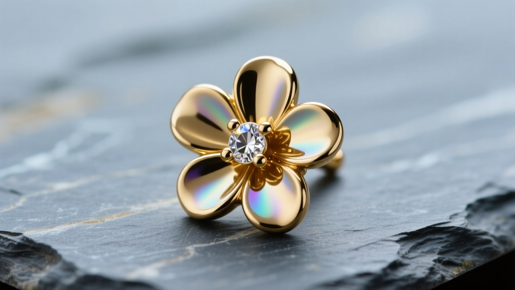 Macro of gold Kate Spade flower stud on slate, showing glossy epoxy enamel petals and prong-set crystal center in soft light.