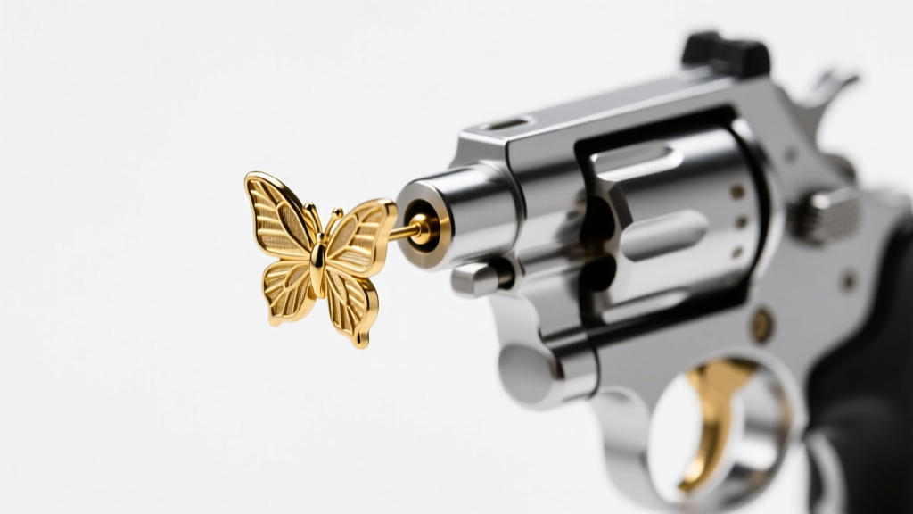 Close-up of a spring-loaded earring gun holding a gold-plated stud with a butterfly backing against a clean clinical background
