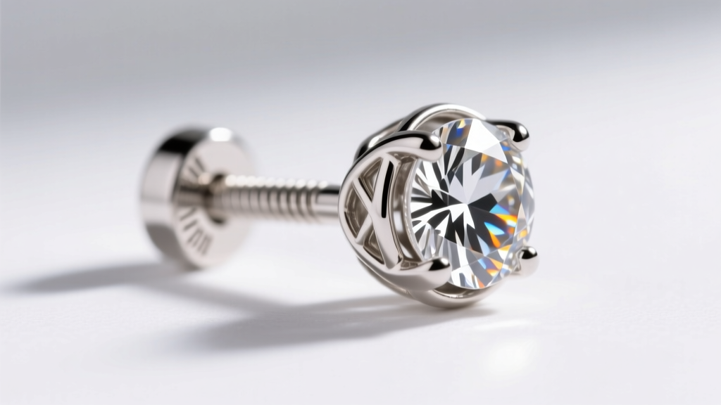 Close-up of a 1.1mm platinum earring post with a secure screw-back mechanism supporting a large 1.5 carat diamond basket setting