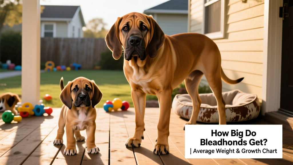 Side-by-side comparison of a 4-month-old Bloodhound puppy and a 2-year-old adult Bloodhound, illustrating proportional growth