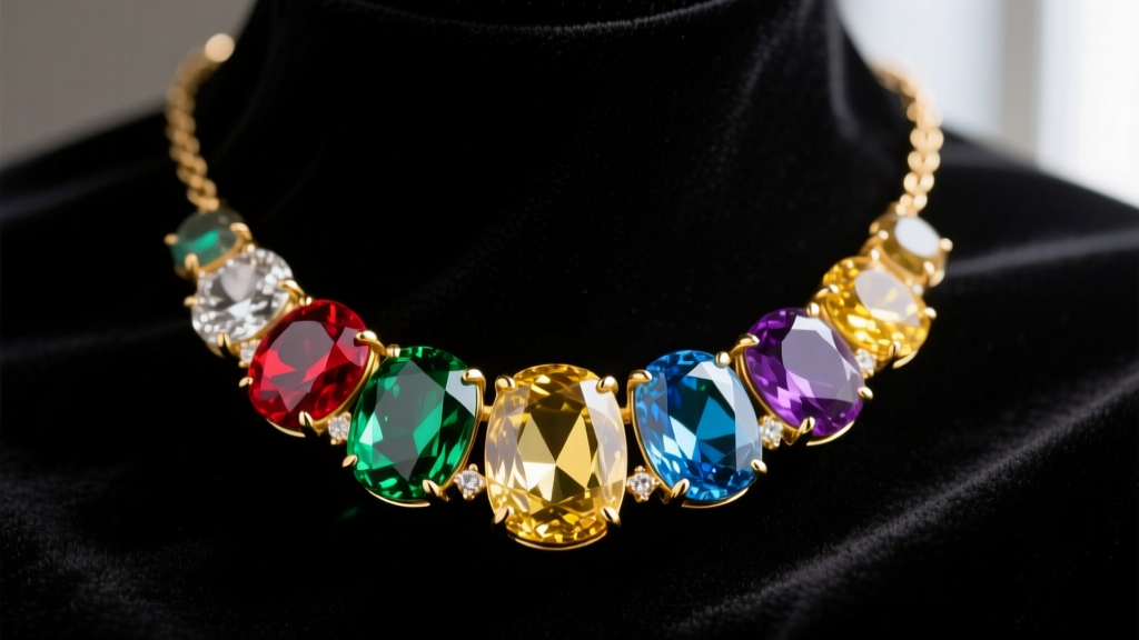 Close-up of a Kike Hernandez rainbow necklace with multi-colored tourmaline and quartz stones in 18k gold vermeil on dark velvet.