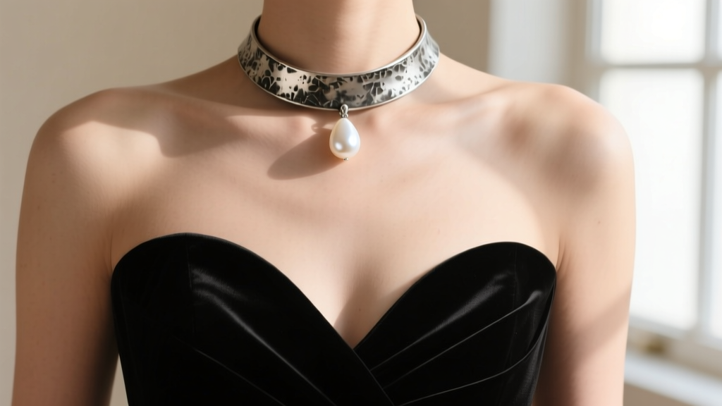 Close-up of black sweetheart neckline dress adorned with 16-inch oxidized silver choker featuring a single white teardrop pearl.