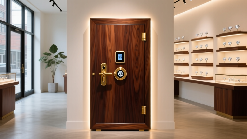 Luxury custom mahogany jewelry vault with biometric lock and LED lighting, displayed in a modern Ridgewood boutique showroom