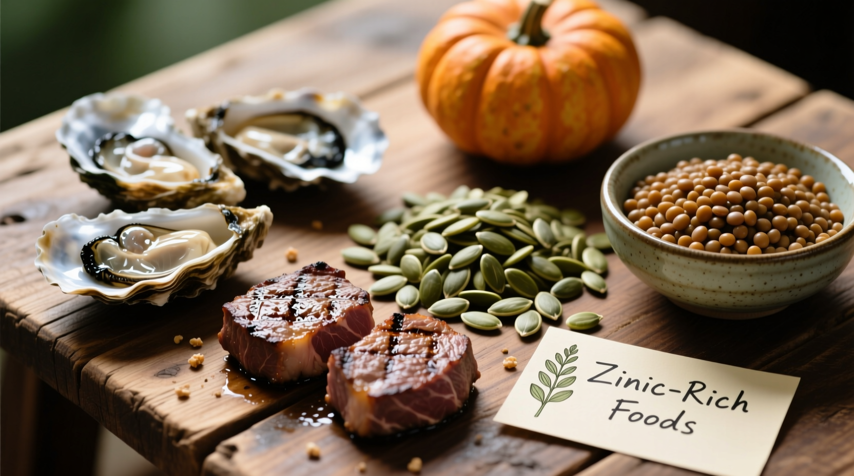 Zinc-rich foods including oysters, beef, pumpkin seeds and lentils arranged on wooden table
