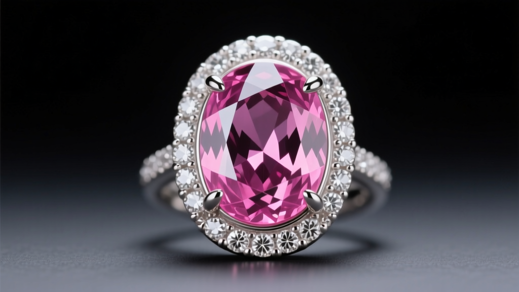Macro photo of oval-cut pink sapphire pendant set in platinum with micro-pave diamond halo, illuminated by cool studio lighting