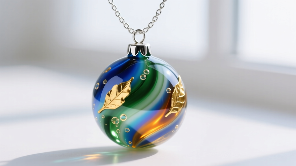 Macro shot of a vibrant Murano glass bauble pendant with gold leaf inclusions on a 1.5mm sterling silver box chain.