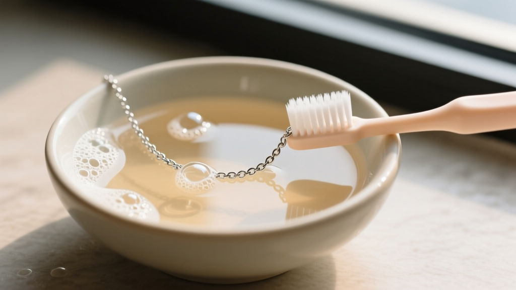 Small ceramic bowl of warm soapy water with a soft baby toothbrush gently scrubbing a delicate sterling silver chain necklace.