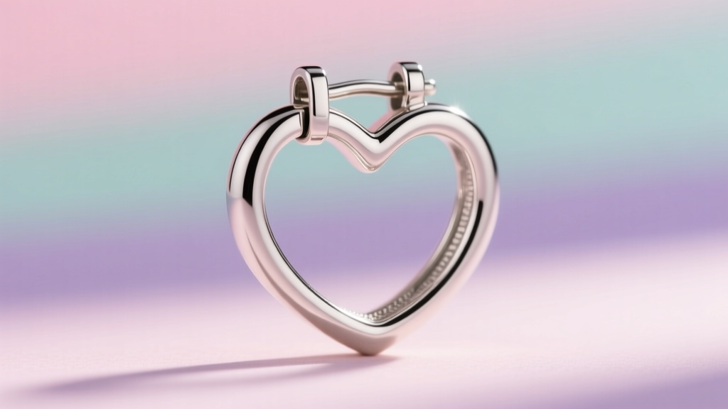 Close-up macro shot of an 18-gauge sterling silver heart hoop earring latch-back closure against a blurred pastel background.