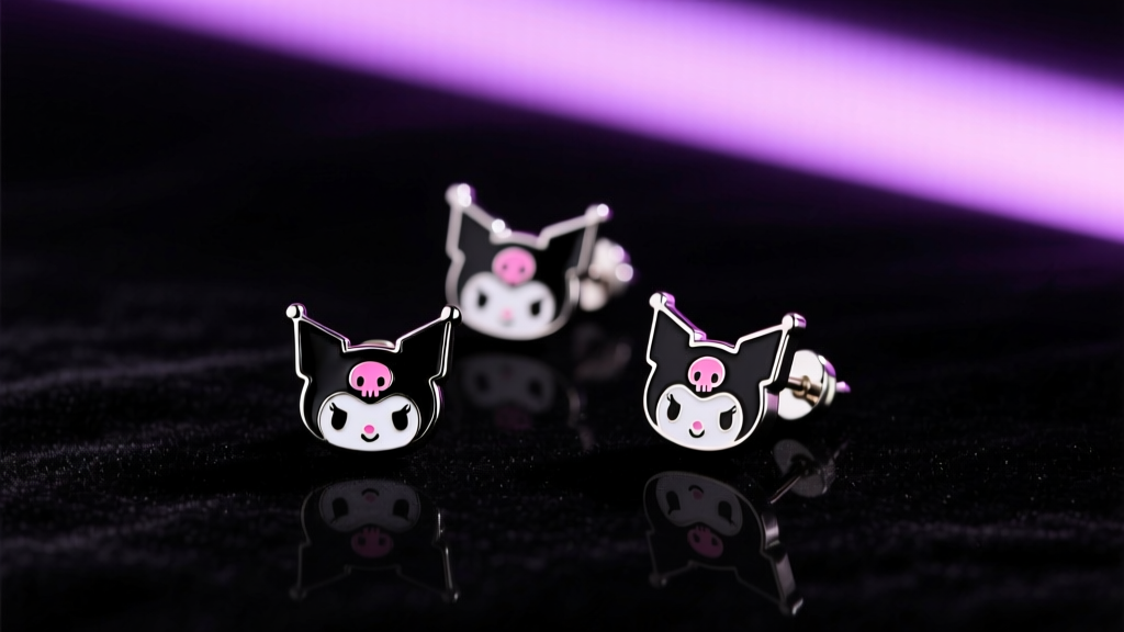 Flat lay of black and pink Kuromi enamel stud earrings on dark velvet, illuminated by soft neon purple studio lighting.