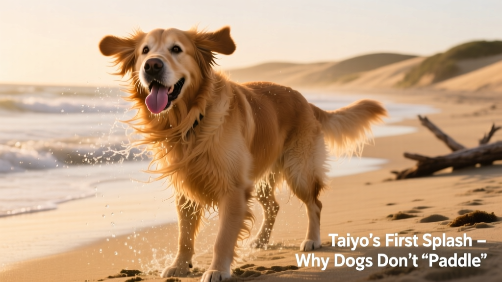 Taiyo shaking off water vigorously on shore, tongue lolling, looking relieved and content