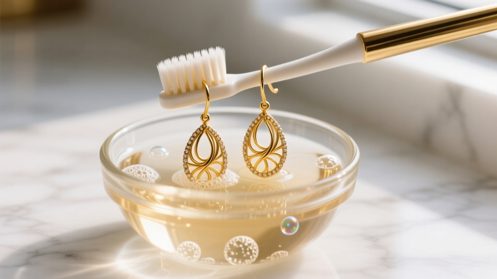 Soft-bristled toothbrush gently scrubbing 18-karat gold filigree drop earrings submerged in a small glass bowl of warm soapy water.