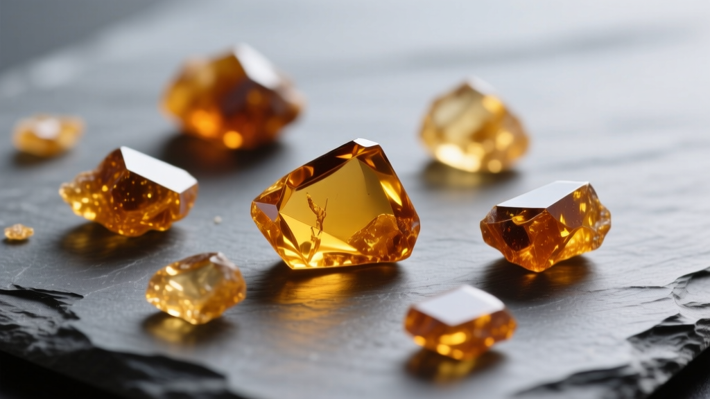 Macro shot of Baltic amber chips on slate, showing translucent golden inclusions and irregular resin shapes under soft lighting.