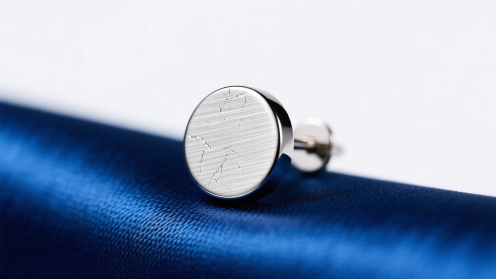Macro shot of a 16-gauge titanium flat back stud earring on a blue drape under bright, sharp, and clean studio lighting setup.