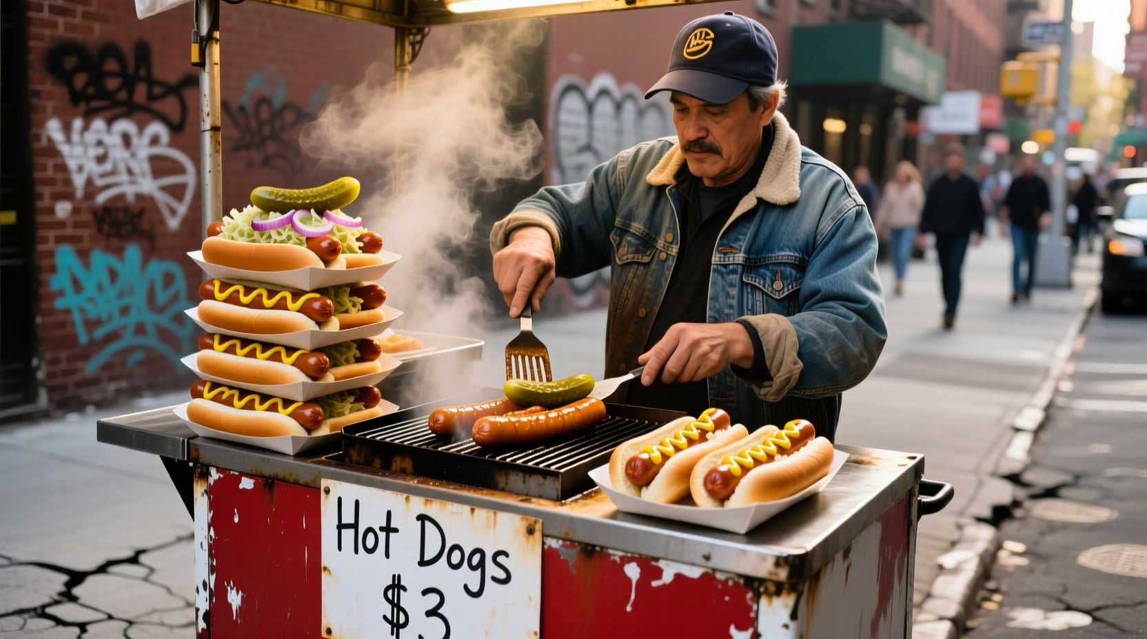 New York street vendor preparing hot dogs with onion sauce