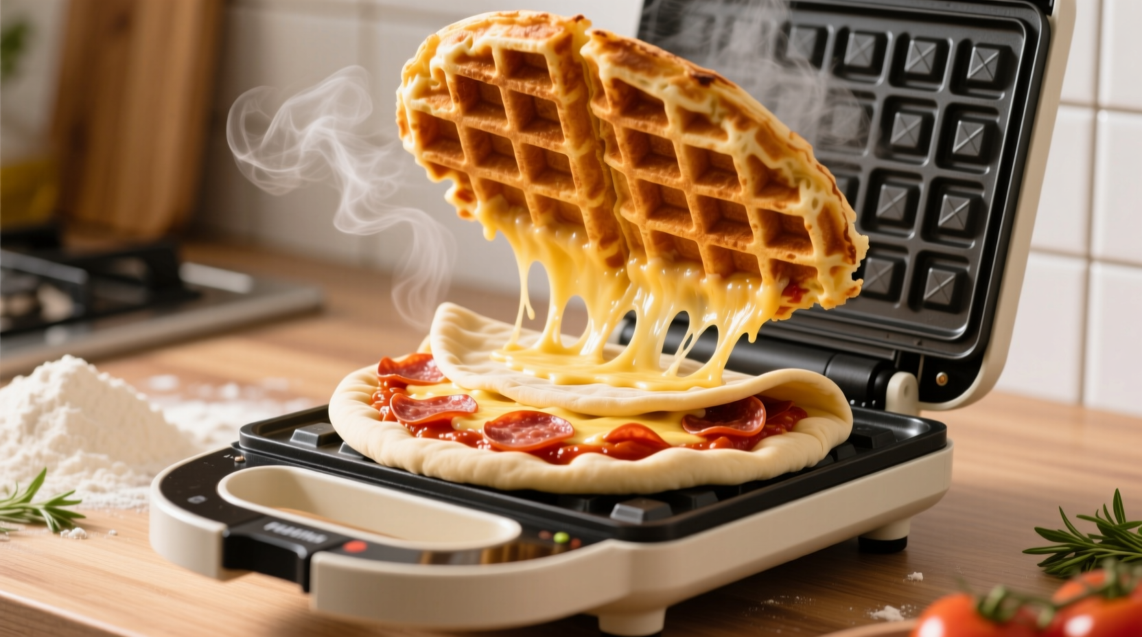 use a waffle maker to roll your own pizza pockets